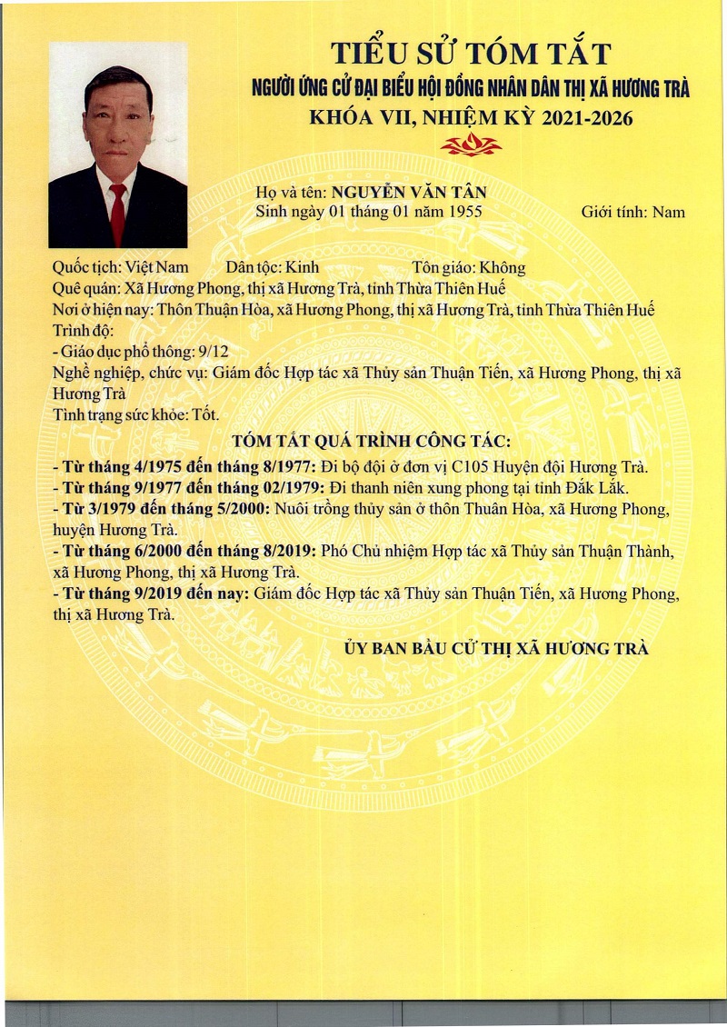 Tiểu sử và chương trình hành động của ông Nguyễn Văn Tân, ứng cử Đại biểu HĐND thị xã khóa VII, nhiệm kỳ 2021 - 2026